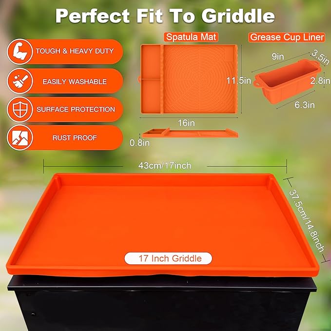 Full-Edge 17" Silicone Griddle Cover, with 16" Silicone Spatula Mat and Grease Cup Liners, Compatible with Blackstone Griddle, Perfect All-Season Outdoor Protection Combination