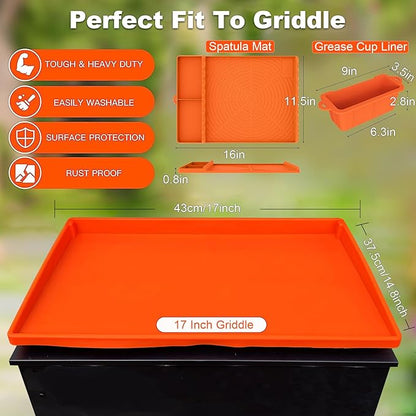 Full-Edge 17" Silicone Griddle Cover, with 16" Silicone Spatula Mat and Grease Cup Liners, Compatible with Blackstone Griddle, Perfect All-Season Outdoor Protection Combination