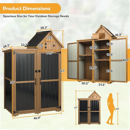PetsCosset Outdoor Storage Cabinet Wood & Metal Garden Shed with Lockable Doors, 3 Adjustable Shelves, Weatherproof Patio Backyard Storage for Tools & Garden Supplies