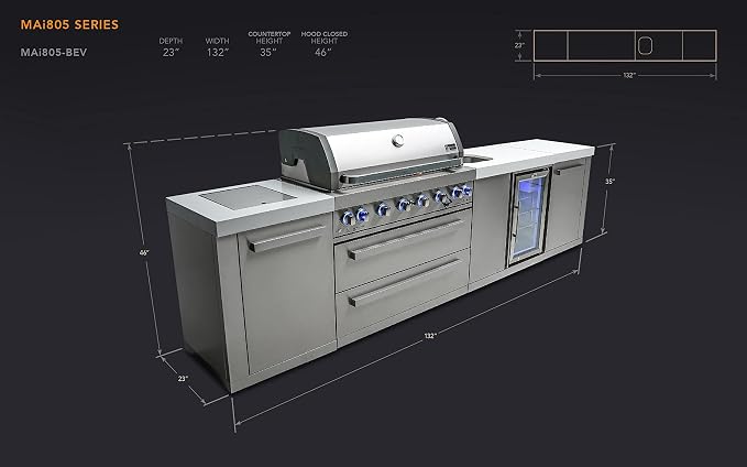 Mont Alpi Premium 132"W x 23"D x 46"H Stainless Steel Outdoor Kitchen Island with Refrigerator + 44"W 6-Burner BBQ Grill + Faucet and Sink + White Granite Countertops + Storage Cabinets and Drawers