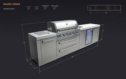 Mont Alpi Premium 132"W x 23"D x 46"H Stainless Steel Outdoor Kitchen Island with Refrigerator + 44"W 6-Burner BBQ Grill + Faucet and Sink + White Granite Countertops + Storage Cabinets and Drawers
