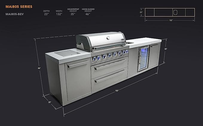 Mont Alpi Premium 132"W Stainless Steel Outdoor Kitchen Island with 44"W 6-Burner BBQ Gas Grill + Beverage Center Faucet & Sink + Refrigerator + Side Burner Pizza Oven + Charcoal Tray + Griddle Plate