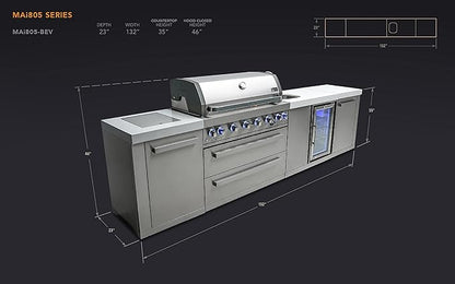 Mont Alpi Premium 132"W Stainless Steel Outdoor Kitchen Island with 44"W 6-Burner BBQ Gas Grill + Beverage Center Faucet & Sink + Refrigerator + Side Burner Pizza Oven + Charcoal Tray + Griddle Plate