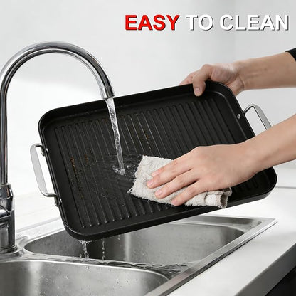 21" x 13" Cast Iron Griddle Pan, Pre-Seasoned Double Burner Griddle Pan with Stainless Steel Handle, Ribbed Surface, Oven Safe for Gas Ceramic Electric Stove, BBQ Camping Indoor Outdoor