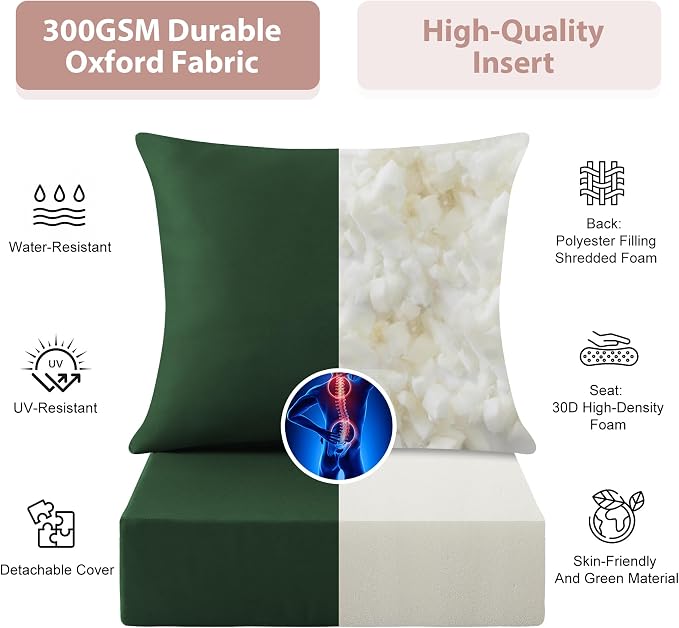 Outdoor Deep Seat Cushion Set, 24x24 Inch, Forest Green, Set of 2 | Water-Resistant, Fade-Resistant, Removable Cover, For Patio Chair & Sofa&Furniture