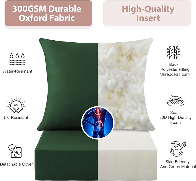 Outdoor Deep Seat Cushion Set, 24x24 Inch, Forest Green, Set of 4 | Water-Resistant, Fade-Resistant, Removable Cover, For Patio Chair & Sofa&Furniture