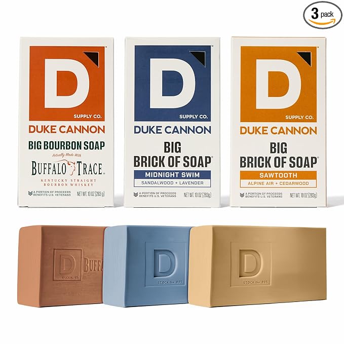 Duke Cannon Supply Co. Extra Large Bar Soap Bundle - Men's Bar Soap with Masculine Scents - American-made soap - All Skin Types - Big Brick of Soap - Midnight Swim, Sawtooth, Bourbon - 10 oz (3 Pack)