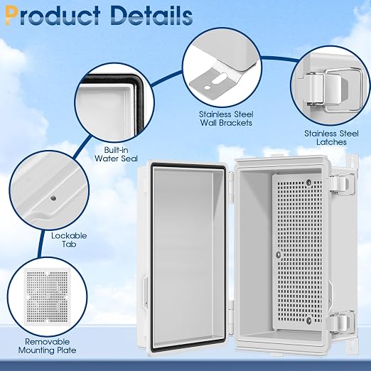 Waterproof Outdoor Project ABS Plastic Junction Box IP67 Weatherproof Dustproof Enclosure with Hinged Cover, Mounting Plate,Wall Brackets for Power Project (11"X7.5"X5.5")