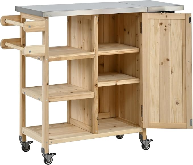 JIVOIT Outdoor Kitchen Island with Foldable Stainless Steel Tabletop, Patio Fir Wood Kitchen Cart Portable Prep Station with Lockable Wheels, Storage Cabinet and Towel Rack (Natural/123)