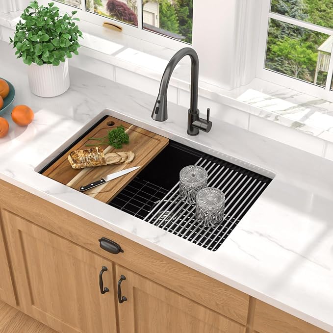 Granite Composite Kitchen Sink - 30 Inch Granite Kitchen Sink Undermount Workstation Matte Black Quartz Under Counter Single Bowl Sinks Basin All-In One, 30"x19" #TLGU-136