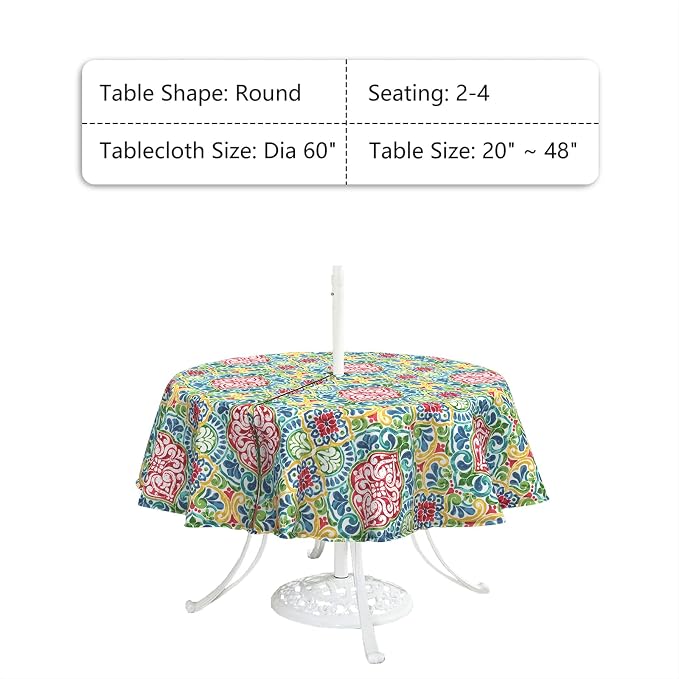 LVTXIII Round Outdoor Tablecloth with Umbrella Hole and Zipper, Water-Repellent 60 Inch Patio Table Cover for Bistro, Garden, Patio & Picnic, Damask Red