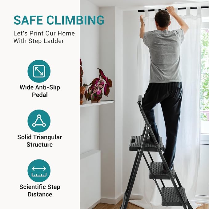 OLIXIS 3 Step Ladder, 800lbs Foldable Step Stool with Anti-Slip Pedal | Heavy Duty Portable Stepping Stool with Sturdy Steel Ladder & Handrail, for Kitchen, Garage, Outdoor Use - Black
