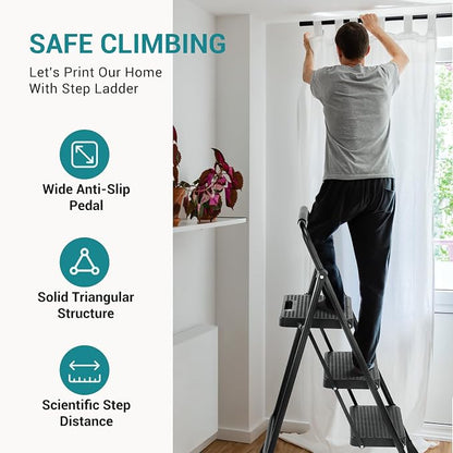 OLIXIS 3 Step Ladder, 880lbs Heavy Duty Step Stool with Anti-Slip Pedal | Portable Stepping Stool with Sturdy Ladder & Comfortable Handrail, for Kitchen, Garage & Outdoor Use, Black