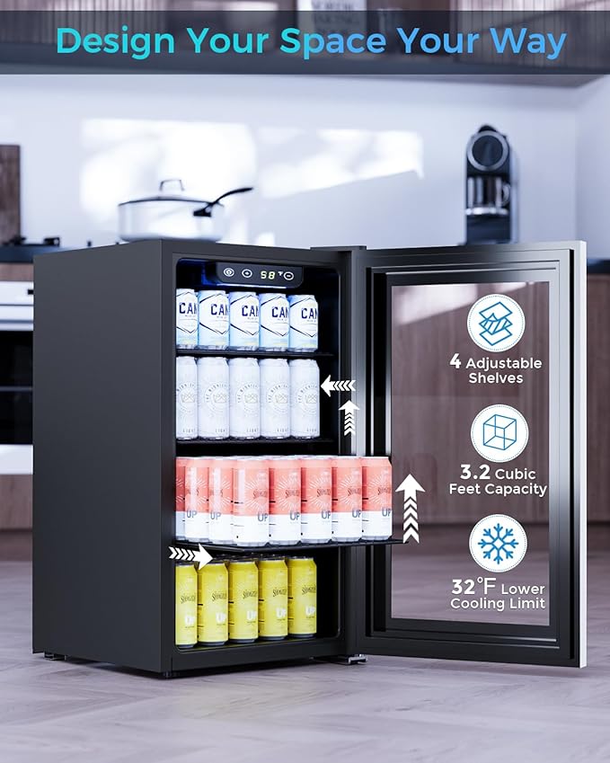 COWSAR Mini Fridge Cooler, 130 Can Beverage Refrigerator with Glass Door, ETL Approved Wine Fridge with Digital Temperature Control, LED Light, Reversible Door for Home, Office, Bar - 3.2 Cu.Ft