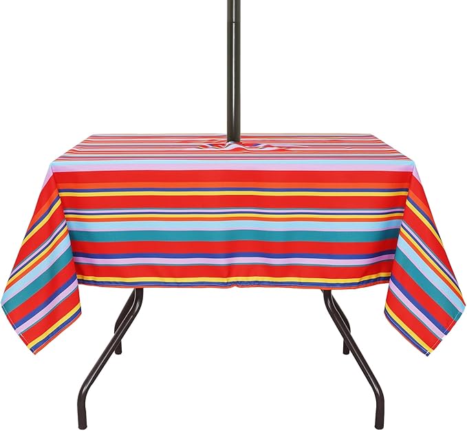 Poise3EHome Square Outdoor Tablecloth with Umbrella Hole and Zipper,Stripe 60x60 Inch,Polyester SpillProof Washable Table Cloth for Spring Summer Patio Garden Poolside Picnic Camping BBQS