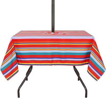 Poise3EHome Square Outdoor Tablecloth with Umbrella Hole and Zipper,Stripe 60x60 Inch,Polyester SpillProof Washable Table Cloth for Spring Summer Patio Garden Poolside Picnic Camping BBQS