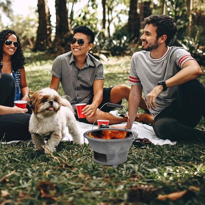 DOITOOL Cast Iron Charcoal Hibachi Grill, Portable Picnic Charcoal Stove for Outdoor Camping Barbecue Cooking, Small Round Burning Brazier Coal Stove for Cooking (Top Diameter: 8.26inches)