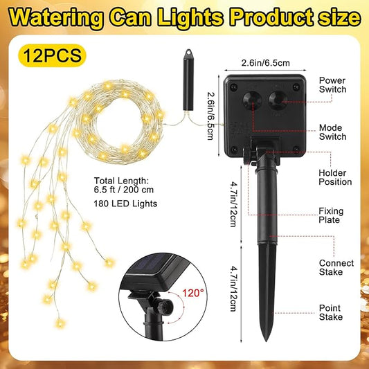 12 Pack Solar Waterfall Fairy Bunch Lights Outdoor Waterproof 9 Strand 180LEDs 8 Modes Watering Can Light (No Can) Firefly Bunch Lights for Patio Yard Garden Decorations (Warm)