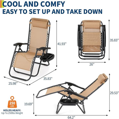 Garvee Camping Chairs Set of 2, Patio Lounge Chair Outdoor with Pillows & Cup Holder Trays, Adjustable Folding Patio Lawn Chair for Deck,Beach, Yard Khaki
