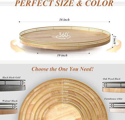 AMH16-Inch Rustic Lazy Susan with Solid Oak Base and Black Iron Rail | Smooth rotating oak tray with walnut finish for dining tables, kitchen counters, pantries and cabinet storage.