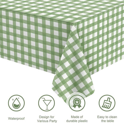 6 Pcs Sage Green Gingham Tablecloths, Checkered Table Covers 54 x 108 Inch | Green and White Checkered Tablecloths, Disposable Waterproof for Baby & Bridal Shower Picnic Camping Barbecue Birthday Party