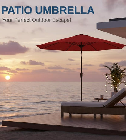 9FT Auto-Tilt Patio Umbrella|Outdoor Market Table Umbrella with 8 Fiberglass Ribs for Pool,Deck&Backyard