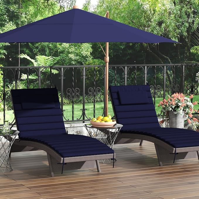 Sundale Outdoor Olefin Quilted Lounge Cushion Set of 2, Patio Foldable Chaise Lounger Cushion, Water-Resistant Lounge Chair Pad with Straps Navy Blue, 80 x 26 inches