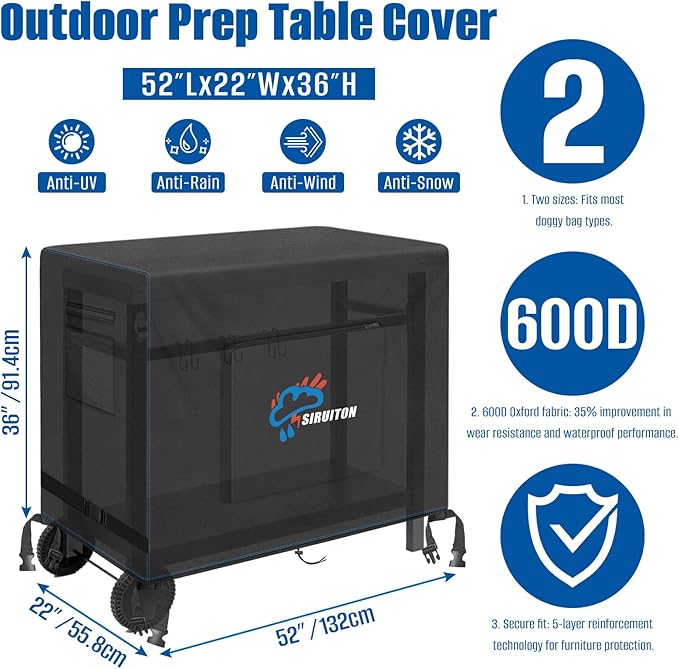 SIRUITON Outdoor Bar Cart Cover for 52 Inch BBQ Food Prep Table, Heavy Duty 600D Oxford Fabric Outdoor Dining Cart/BBQ/Worktable Metal Movable Table Waterproof Cover