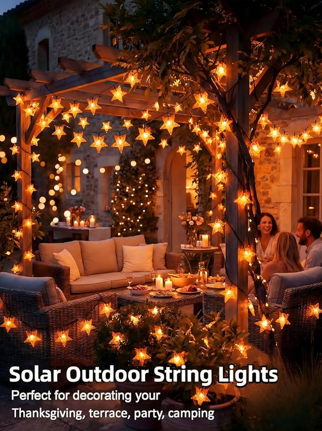 Solar Twinkle Star String Lights Outdoor Indoor Waterproof 39FT 100 LED Solar Powered Fairy Lights with 8 Lighting Modes Thanksgiving Decor for Camping Tree Party Yard Wedding Garden Orange