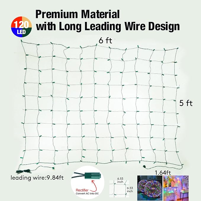 Led Multicolor Christmas Net Lights Outdoor Christmas Bushes Lights 120Led 6ftx5ft, Connectable Outdoor Indoor Mesh Net Lighting for Xmas Holiday, Garden, Lawn, Shrubs, Trees, Bushes Decorations