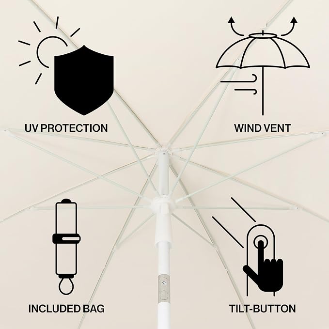 JONATHAN Y Mariner 6.5 ft. Solid Fringe Beach Umbrella, Cream | Push-Button Tilt, UV 50 Protection, Matching Carry Bag, White Iron Pole, Wind Vent, Scalloped Round Canopy