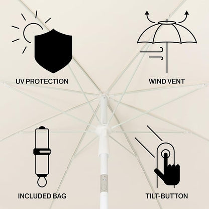 JONATHAN Y Mariner 6.5 ft. Solid Fringe Beach Umbrella, Cream | Push-Button Tilt, UV 50 Protection, Matching Carry Bag, White Iron Pole, Wind Vent, Scalloped Round Canopy