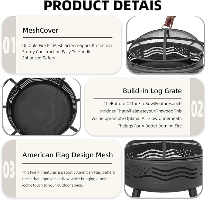 Breezz 38 Inch American Flag Fire Pit with Mesh Cover & Poker, Round Metal Wood Burning Outdoor Firepit for Patio, Garden, Backyard, Bonfire, Ideal for 4th of July, Memorial Day, Christmas