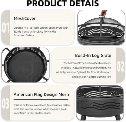 Breezz 38 Inch American Flag Fire Pit with Mesh Cover & Poker, Round Metal Wood Burning Outdoor Firepit for Patio, Garden, Backyard, Bonfire, Ideal for 4th of July, Memorial Day, Christmas