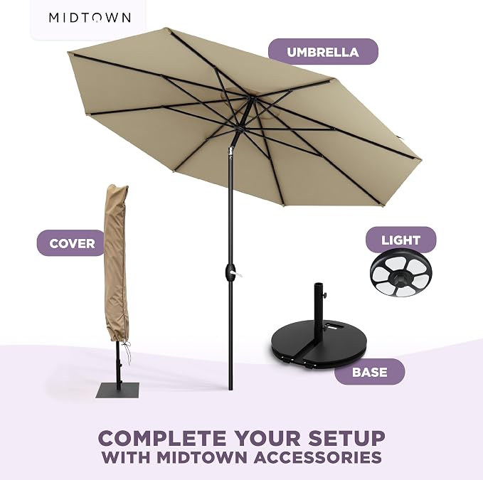 Midtown Umbrellas - 10-Year-No-Fade 10 Ft Patio Umbrella with Terylast Fabric, Auto-Tilt Aluminum Frame and 8 Reinforced Ribs for Deck, Pool, Garden & Beach - Chestnut Beige Canopy, Black Pole