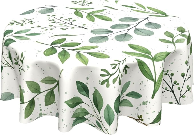 Sweetshow Spring Floral Teal Sage Green Tablecloth Round 60 Inch Watercolor Eucalyptus Leaf Round Table Cloth Wrinkle Resistant Washable Table Cover for Kitchen Dining Room Holiday Party Picnic Patio