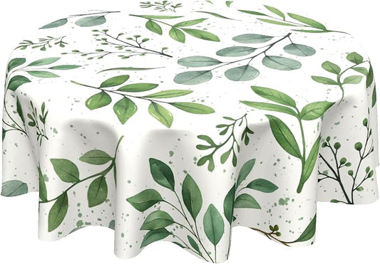 Sweetshow Spring Floral Teal Sage Green Tablecloth Round 60 Inch Watercolor Eucalyptus Leaf Round Table Cloth Wrinkle Resistant Washable Table Cover for Kitchen Dining Room Holiday Party Picnic Patio