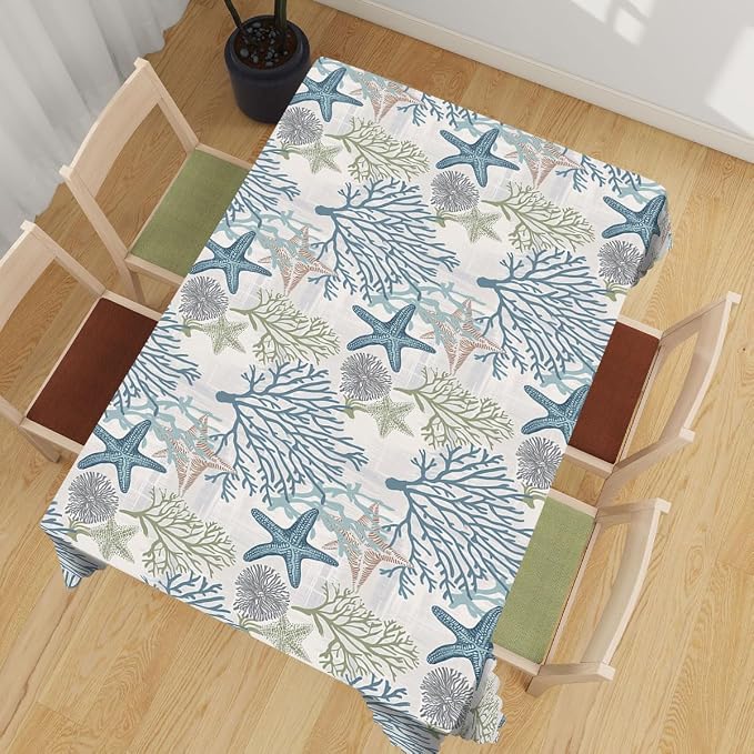 Nautical Decorative Rectangle Table Cloth Starfish Beach Ocean Seashell Coral Rectangle Kitchen Table Cover Oblong Tablecloth for Dining Table Buffet Parties Patio Camping 52" x 70" 4-6 Seats
