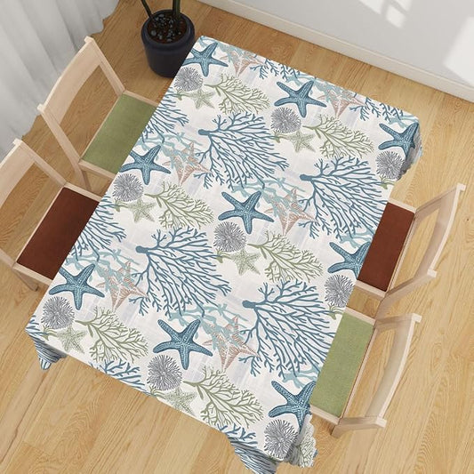 Nautical Decorative Rectangle Table Cloth Starfish Beach Ocean Seashell Coral Rectangle Kitchen Table Cover Oblong Tablecloth for Dining Table Buffet Parties Patio Camping 52" x 70" 4-6 Seats