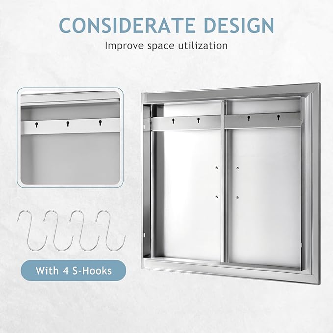 Hally Outdoor Kitchen Doors 26" W x 24" H of 304 Stainless Steel BBQ Double Access Door with 2 Detachable Handles and 4 Hooks, for BBQ Island, Grilling Station, Outdoor Cabinet