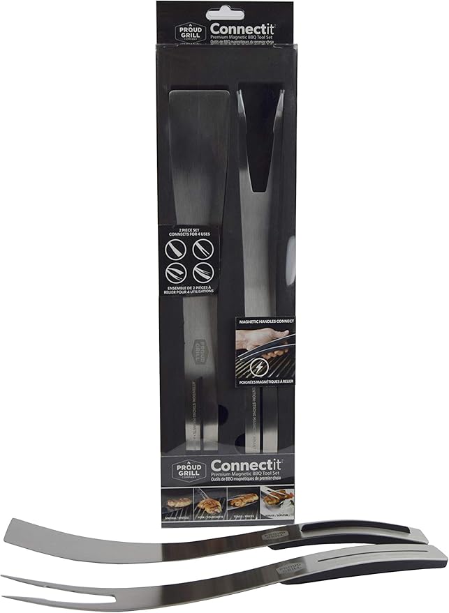Proud Grill Connect it Magnetic BBQ Tool Set - 2 Piece Grill Tools, 4 Uses-in-1 Connect Spatula, Fork, Tongs & Server, Stainless Steel Grilling Utensils, Premium Gifts for Men, Outdoor BBQ Accessories