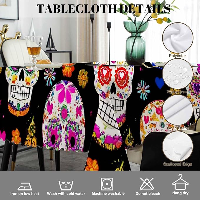 Swono Day of The Dead Table Cover Tablecloth, Colorful Mexican Sugar Skulls 50x72 Inch Table Cloth for Rectangle Tables Buffet Parties Coffee BBQ and Dinning Tablecloth
