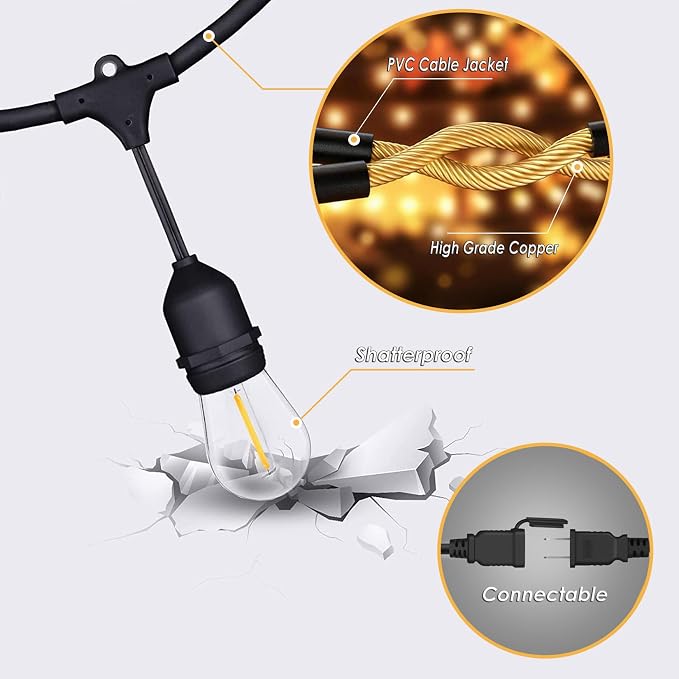 1Pack 150ft Outdoor String Lights with Remote Patio Lights 45+3 Bulbs | String lights for outside, 3 Lighting Modes&Dimmable&Timer