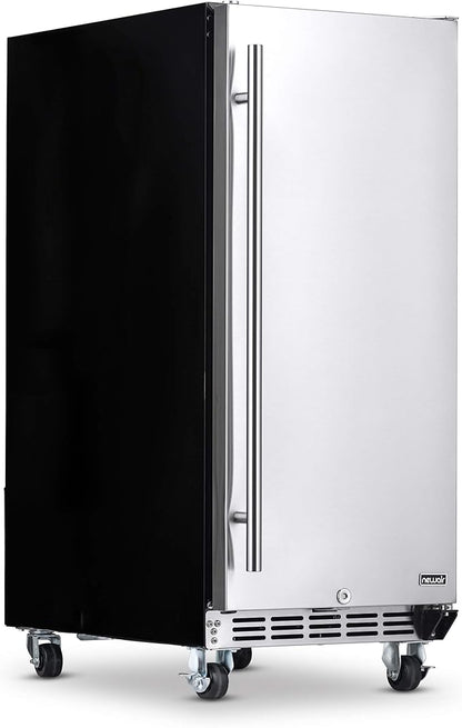 NewAir 15” Outdoor Beverage Fridge | Freestanding or Built-In Under counter Refrigerator for Outside Patio | Weatherproof Outdoor Fridge for 90 Cans with Detachable Castors | Stainless Steel
