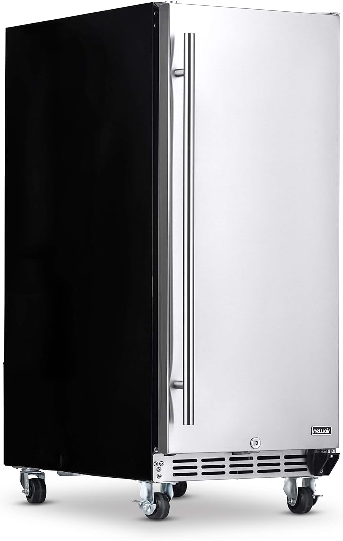 NewAir 15” Outdoor Beverage Fridge | Freestanding or Built-In Under counter Refrigerator for Outside Patio | Weatherproof Outdoor Fridge for 90 Cans with Detachable Castors | Stainless Steel