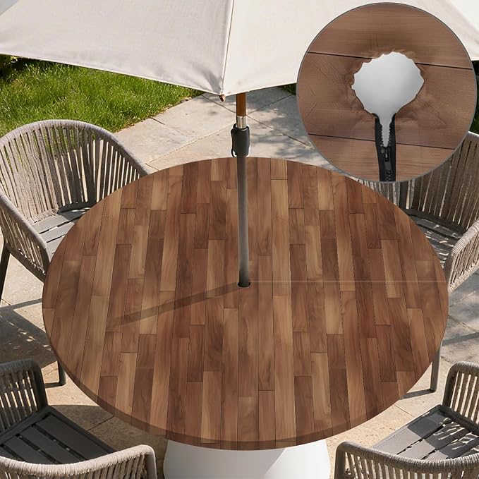 Outdoor Tablecloth with Umbrella Hole and Zipper Fits 61-65" Tables | Waterproof Round Fitted Tablecloth with Elastic Edge, Wipeable Outdoor Table Cover for Patio, Garden, Picnic