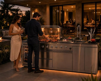 98" Outdoor Kitchen Island with 6-Burner Propane Grill, 72,000 BTU Stainless Steel BBQ Station with Refrigerator, Sink, Side & Rear Burners, Rotisserie, Granite Countertop and Storage, Silver