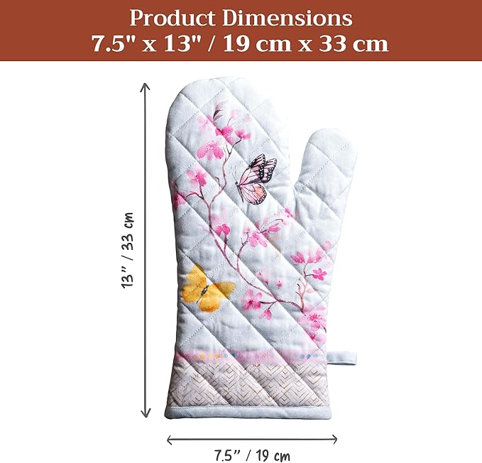 Maison d'Hermine Oven Gloves 100% Cotton Oven Mitt 7" x 13" with Loop Heat Resistant BBQ Cooking Gloves Baking Grilling Kitchen Hotel Home Farmhouse Spring Summer (Pack of 1, Blossoms in Spring)