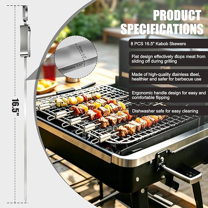 16.5" Skewers for Grilling with Push Bar, Flat Metal Kabob Skewers, Reusable Stainless Steel BBQ Skewers, Heavy Duty Shish Kebab Skewers for Outdoor Camping Grill Kitchen Cooking