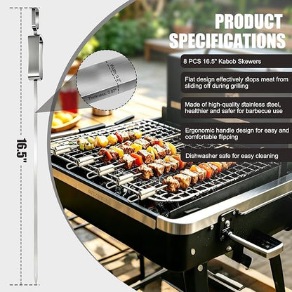 16.5" Skewers for Grilling with Push Bar, Flat Metal Kabob Skewers, Reusable Stainless Steel BBQ Skewers, Heavy Duty Shish Kebab Skewers for Outdoor Camping Grill Kitchen Cooking